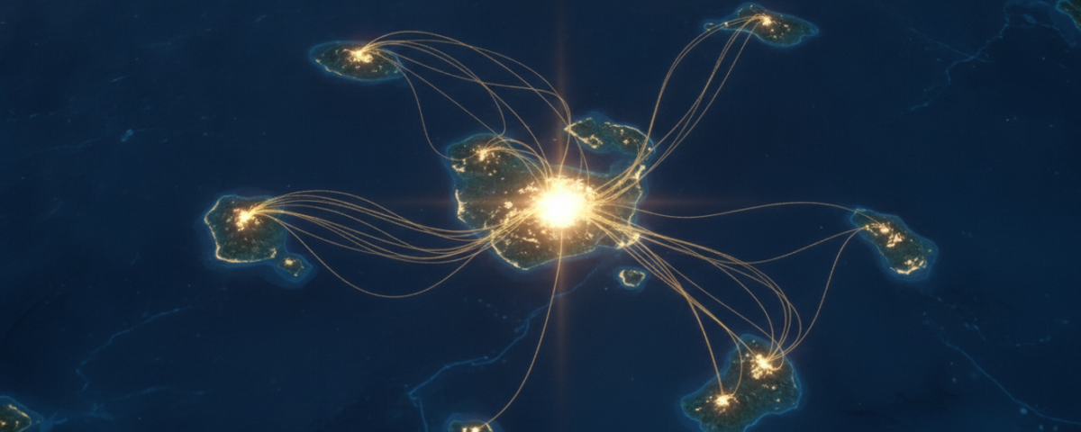 Abstract aerial cartographic map of glowing islands merging into a unified landmass