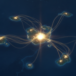 Abstract aerial cartographic map of glowing islands merging into a unified landmass