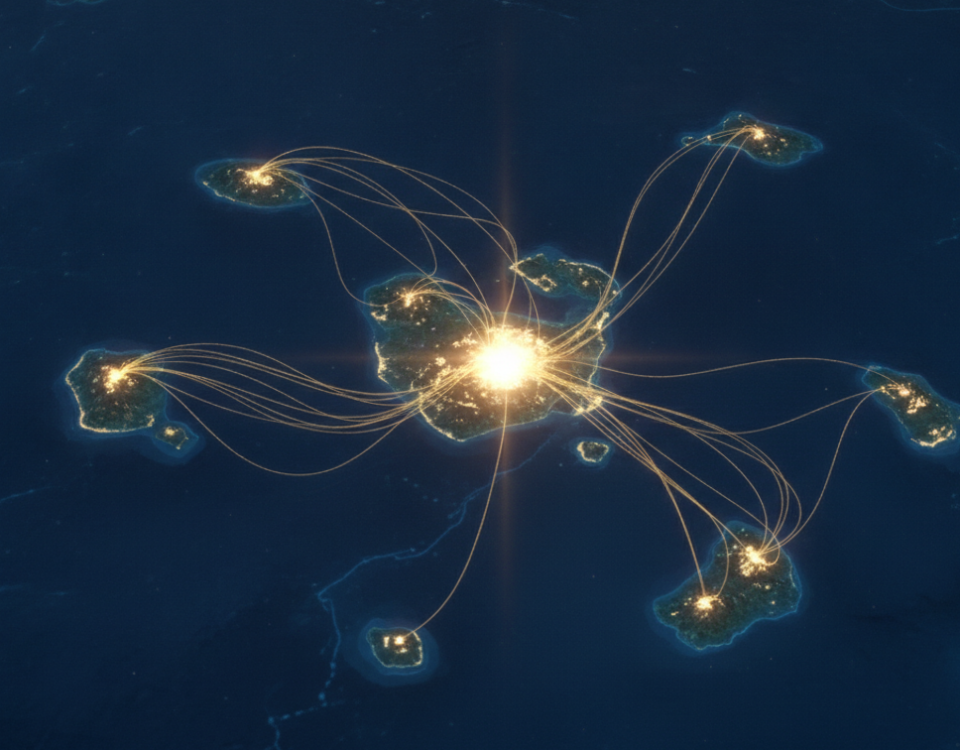 Abstract aerial cartographic map of glowing islands merging into a unified landmass