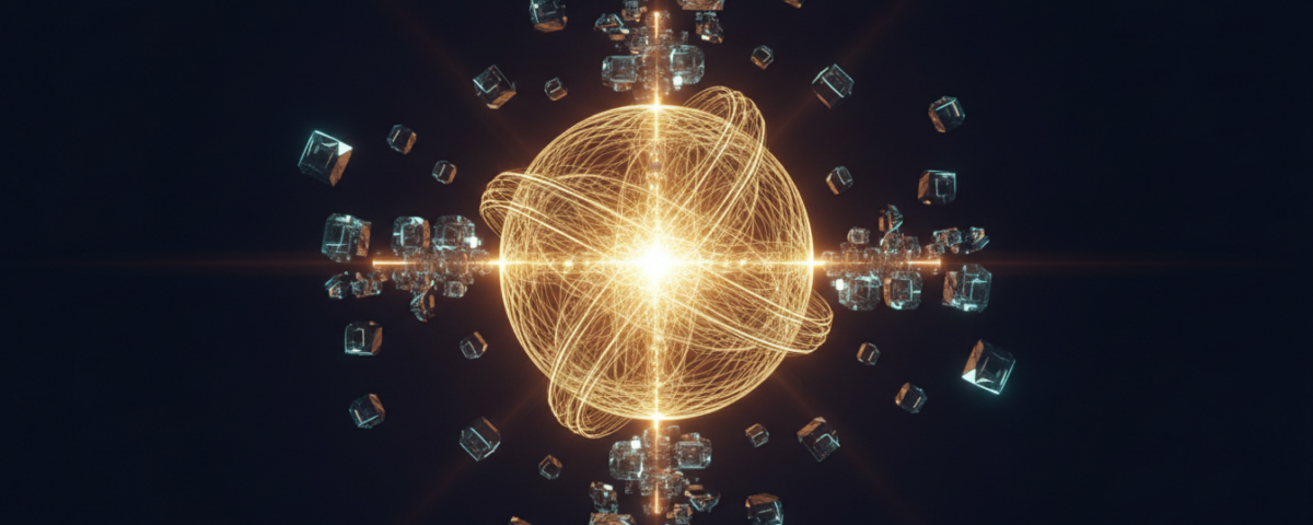 Abstract unified ledger glowing at the center of converging modules in deep navy and gold