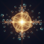 Abstract unified ledger glowing at the center of converging modules in deep navy and gold