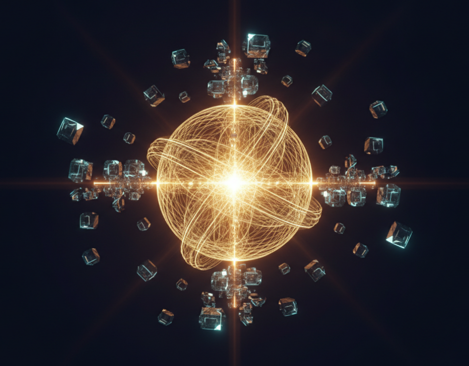 Abstract unified ledger glowing at the center of converging modules in deep navy and gold