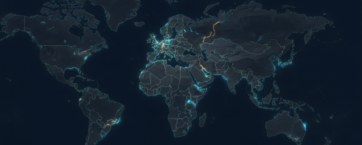 Abstract cartographic map showing scattered islands merging into a unified landmass with glowing seams