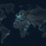 Abstract cartographic map showing scattered islands merging into a unified landmass with glowing seams