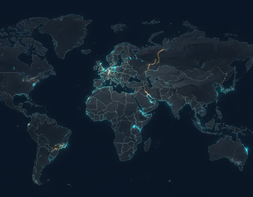 Abstract cartographic map showing scattered islands merging into a unified landmass with glowing seams