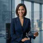 Crystal mid-morning in a modern operations control room, surrounded by glowing deep navy and gold data panels