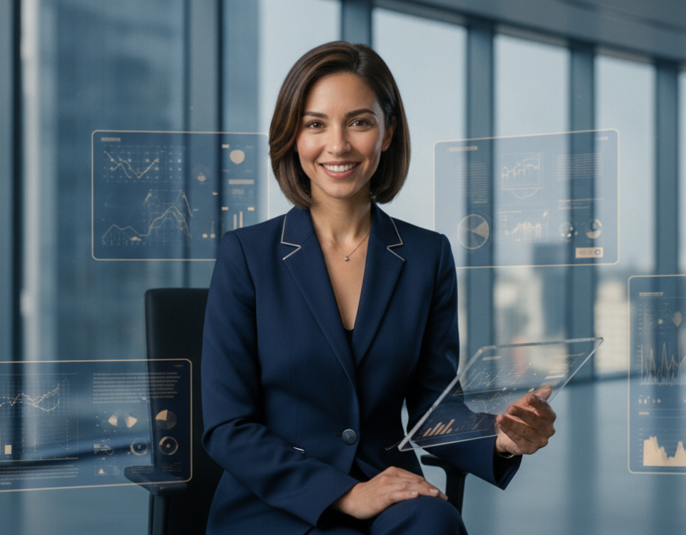 Crystal mid-morning in a modern operations control room, surrounded by glowing deep navy and gold data panels