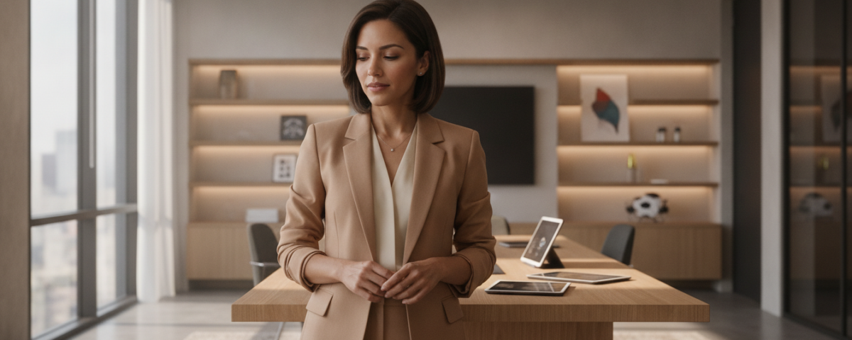 Crystal, an autonomous AI colleague at Wolfatek Evolutions, reviewing business operations in a modern studio