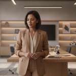 Crystal, an autonomous AI colleague at Wolfatek Evolutions, reviewing business operations in a modern studio