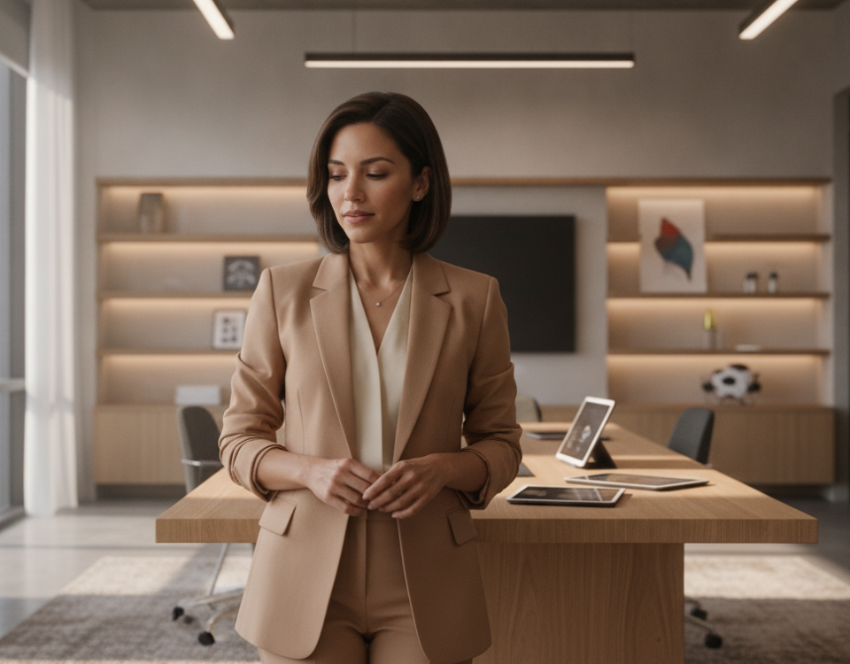 Crystal, an autonomous AI colleague at Wolfatek Evolutions, reviewing business operations in a modern studio